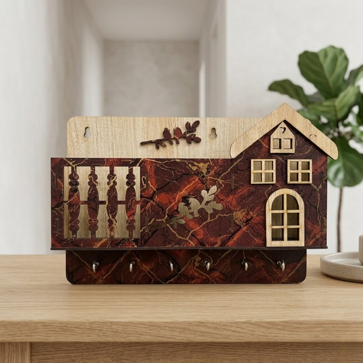 KeyHouse Decorative Wooden Wall Key Holder with 6 Hooks - Image 5