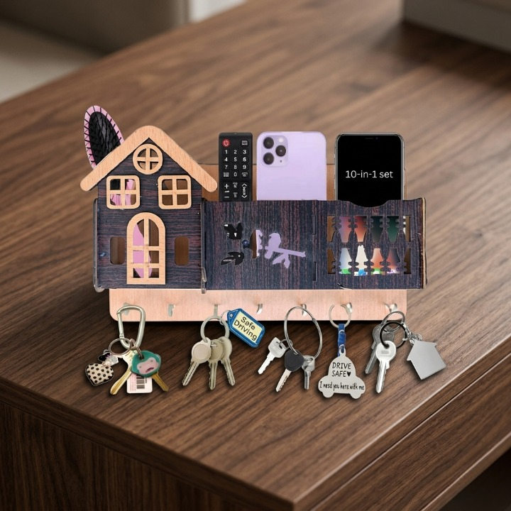 KeyHouse Decorative Wooden Wall Key Holder with 6 Hooks - Image 4
