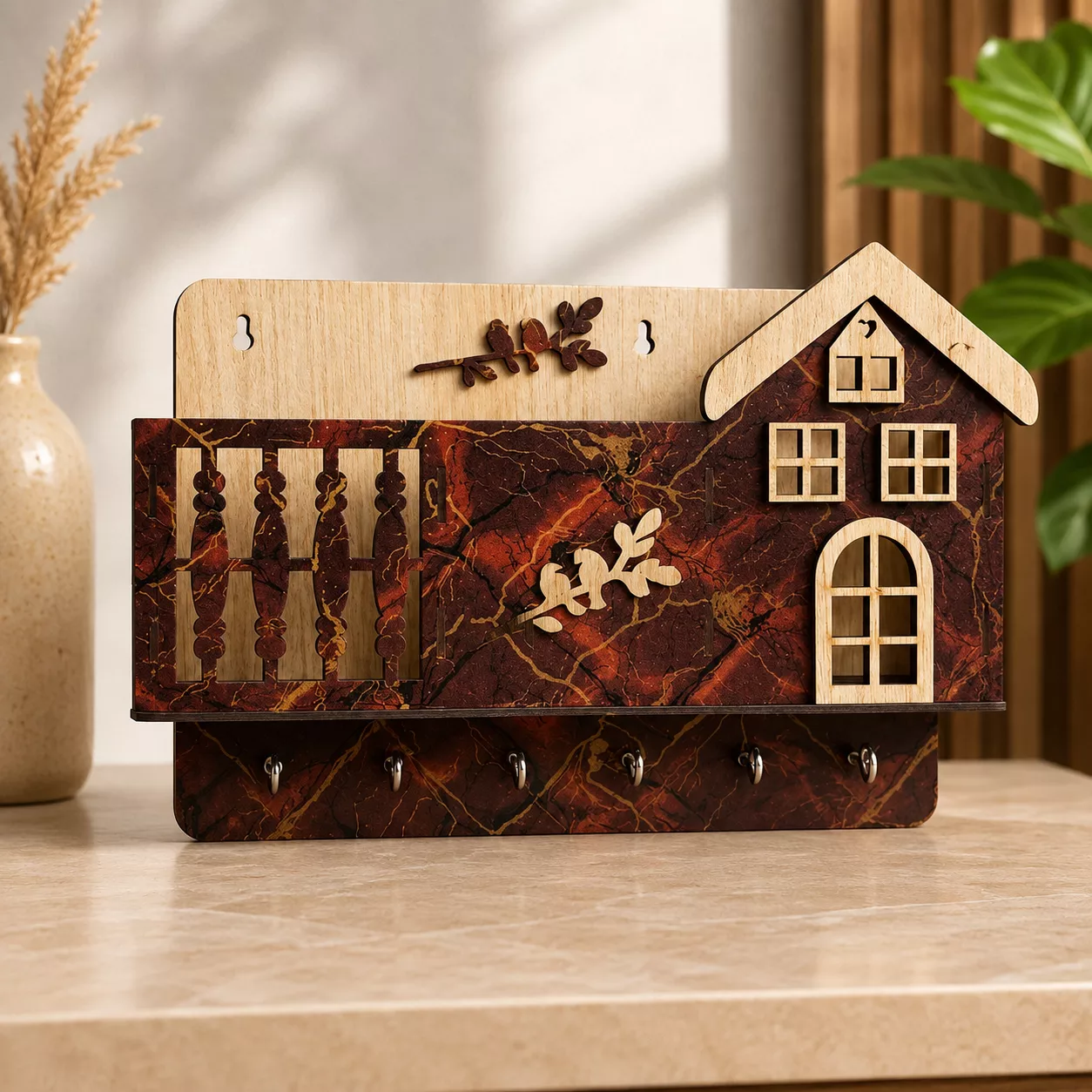 KeyHouse Decorative Wooden Wall Key Holder with 6 Hooks