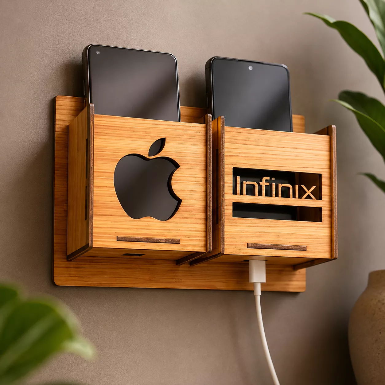 Wooden Wall Phone Charging Station & Cable Organizer